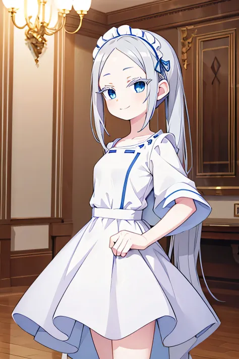 pandora, pddf, masterpiece, blue eyes, upper body, wearing maid outfit, full body, inside palace, smile, taking picture pose, po...