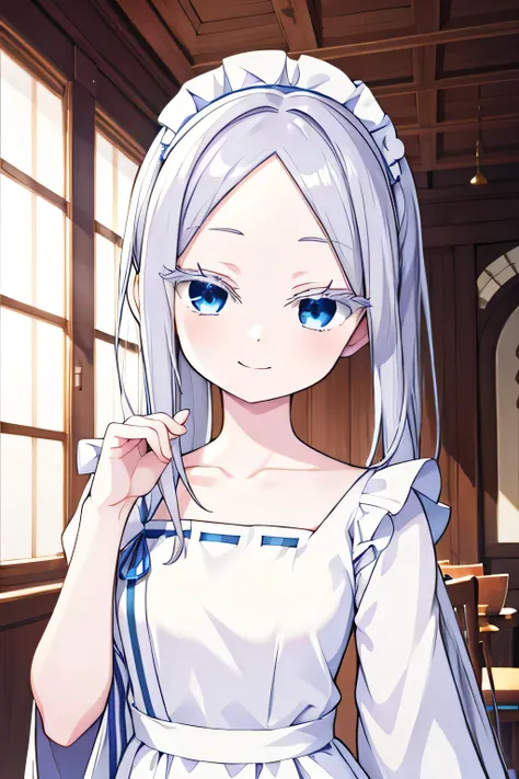 pandora, pddf, masterpiece, blue eyes, upper body, wearing maid outfit, inside palace, smile, taking picture pose, pony tail