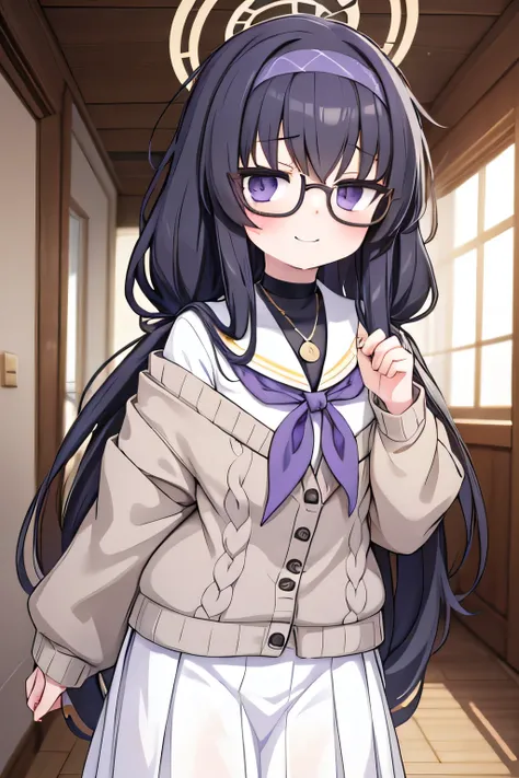 ui kozeki, bags under eyes, black hair, (purple eyes:1.5), glasses, halo, long hair, red-framed eyewear, black pantyhose, black undershirt, blue hairband, blue neckerchief, brown cardigan, brown sweater, cardigan, hairband, long sleeves, messy hair, necker...