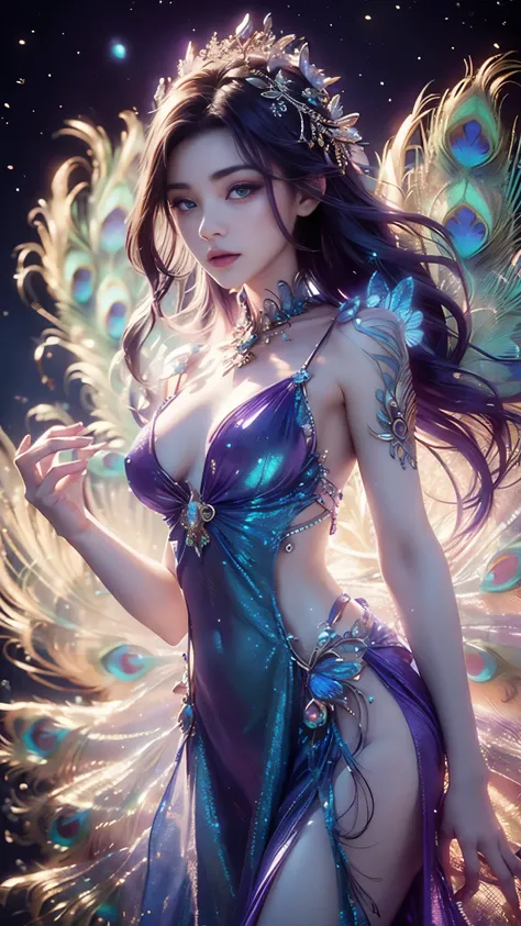 4K, UHD, masterpiece, 1 girl, ((good face)), detailed eyes, very long hair, ((small breasts)), ((peacock dress)), ((purple dress)), ((strap dress)), bare waist, navel, ((peacock wings)), ((ornaments)), butterfly, unreal creative art, ultra detailed, detail...