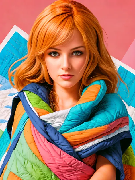 closeup professional photograph of a young woman wrapped in a colorful warm quilt, cel shading, bold outlines, flat colors, sharp shadows, graphic style, (manga influence:1.3), clean linework, striking visuals,comic