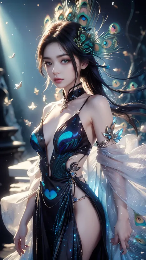 4K, UHD, masterpiece, 1 girl, ((good face)), detailed eyes, very long hair, ((small breasts)), ((peacock dress)), ((black dress)), ((strap dress)), bare waist, navel, ((peacock wings)), ((ornaments)), butterfly, unreal creative art, ultra detailed, details...
