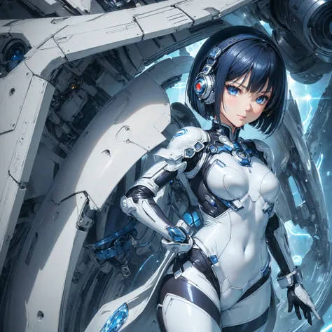 (masterpiece、 best quality、 highest resolution、Clear_image、Detailed details): (Whole body、A 20 year old girl、Japanese Faces、 small face、 slender、 dark blue super short bob cut hair、(Hidden small breasts:1.3)、 Sparkling Blue Eyes 、Shiny pilot suit in white,...