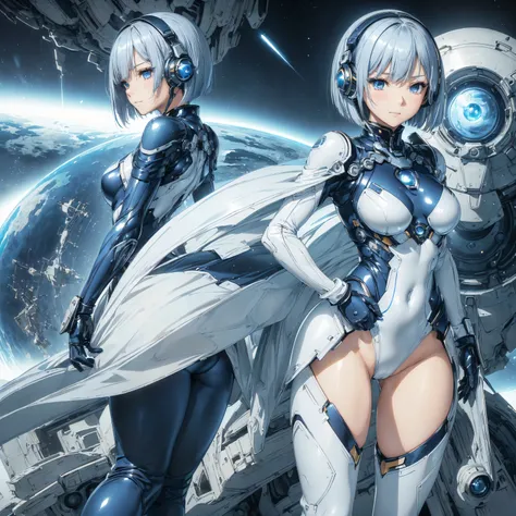 (masterpiece、 best quality、 highest resolution、Clear_image、Detailed details): (Whole body、A 20 year old girl、Japanese Faces、 small face、 slender、 dark blue super short bob cut hair、(Hidden small breasts:1.3)、 Sparkling Blue Eyes 、Shiny pilot suit in white,...