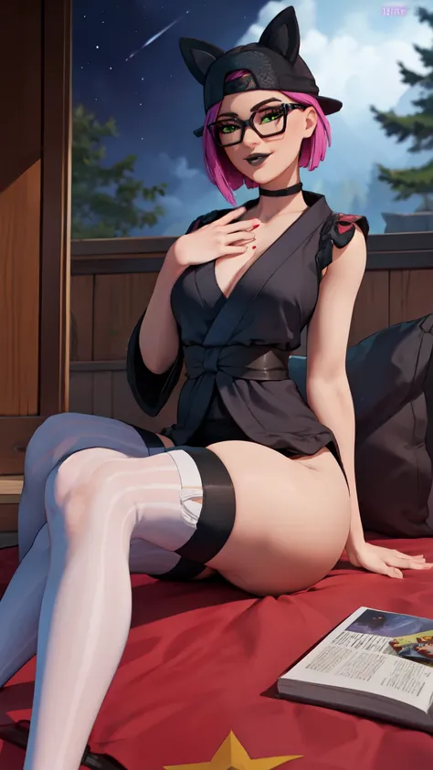 1 girl, black lips, choker, (masterpiece) dark sky, stars in the sky (forest Night) (best quality) gaming ,(alone), looking at viewer, high detailed, extremely detailed, fine green eyes,thigh high stockings, KIMONO 👘 ,sitting on the floor, mischievous smil...