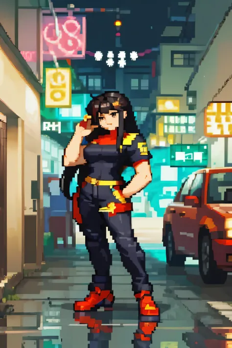 a  with black hair and cyberpunk clothes on a street in rio de janeiro from the 2000s