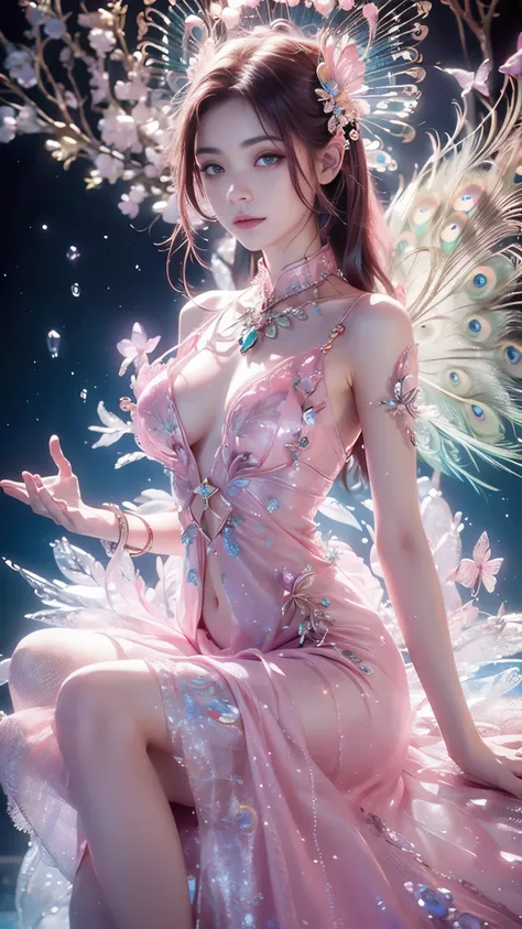 4K, UHD, masterpiece, 1 girl, ((good face)), detailed eyes, very long hair, ((small breasts)), ((peacock dress)), ((pink dress)), ((strap dress)), ((pink lace)), ((navel)), ((peacock wings)), ((ornaments)), butterfly, fantasy creative art, ultra detailed, ...