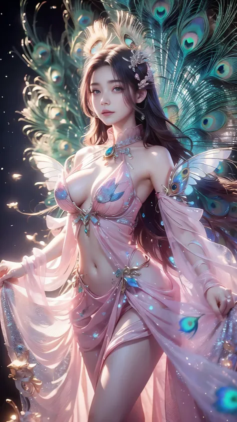 4K, UHD, masterpiece, 1 girl, ((good face)), detailed eyes, very long hair, ((small breasts)), ((peacock dress)), ((pink dress)), ((strap dress)), ((pink lace)), ((navel)), ((peacock wings)), ((ornaments)), butterfly, fantasy creative art, ultra detailed, ...