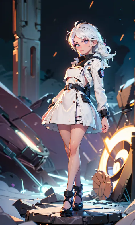 masterpiece, a girl, beautiful, adolescent, s, slim, Chiquita, head on, looking at the spectator , long hair , white hair, fringe, purple eyes, annoyed, arched eyebrows , cuerpo entero, small tits , cute legs, abdomen plano, very short dress , sm...