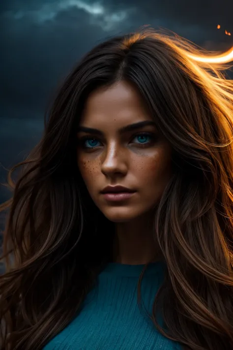 # Prompt para gerar a imagem
prompt = """
Ultra-realistic portrait of a woman with intense, vivid, and dynamic colors. Her wavy hair transitions into vibrant clouds of smoke, blending turquoise blue and fiery orange. 
The womans face is detailed with sharp...