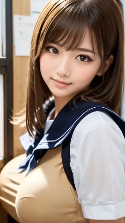 ((a high school girl in a sailor uniform)), 1girl, beautiful detailed eyes, beautiful detailed lips, extremely detailed eyes and face, long eyelashes, beautiful young woman, high school student, small smile, (((school classroom background))), brown hair, l...