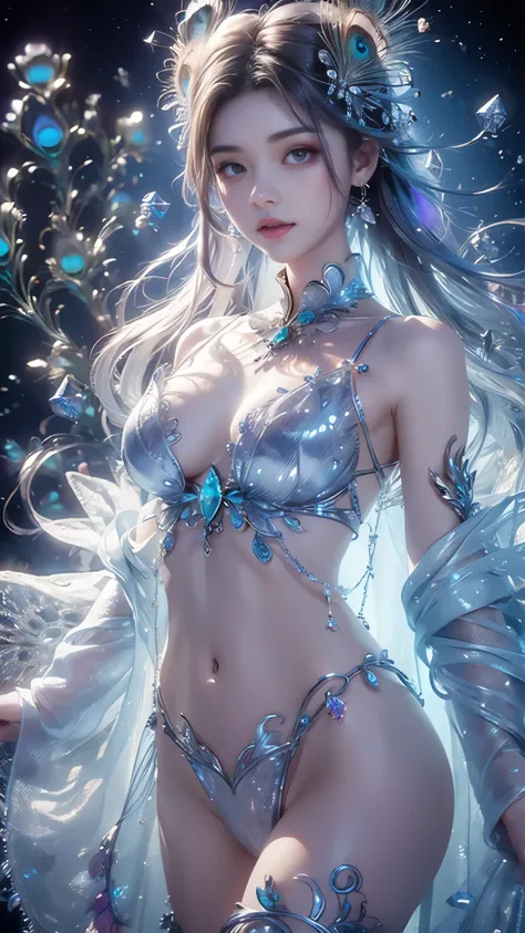 4K, UHD, masterpiece, 1 girl, ((good face)), detailed eyes, very long hair, ((small breasts)), ((peacock clothing)), ((silver clothing)), ((strap clothing)), ((silver lace)), ((navel)), ((peacock wings)), ((ornaments)), ((fpeacock nappies)) butterfly, fant...