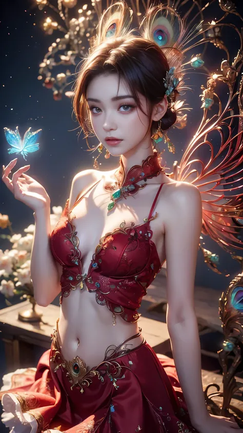4K, UHD, masterpiece, 1 girl, ((good face)), detailed eyes, very long hair, ((small breasts)), ((peacock clothing)), ((red clothing)), ((strap clothing)), ((red lace)), ((navel)), ((peacock wings)), ((ornaments)), ((fpeacock petticoat)), ((bare hip)), butt...