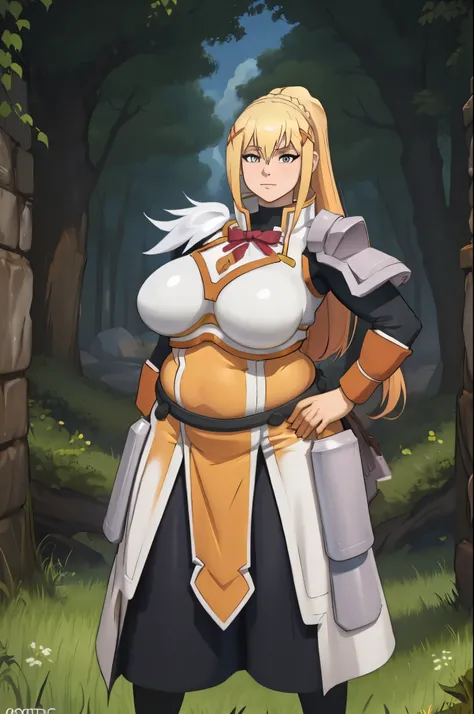 1woman, Darkness, Konosuba, blonde hair, darkness her clothes and armor, chubby, thick thighs. standing, normal chubby body, overweight, fat thighs, thick, wide hips, large breasts,