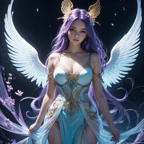 1 mature angel, (translucent angel wings), long billowing violet hair with blue accent, flowers in hair, (glowing halo on head), (best quality, 4k, 8k, hires, masterpiece:1.2), ultra-detailed, (realistic, photorealistic, photo-realistic:1.37), beautiful an...