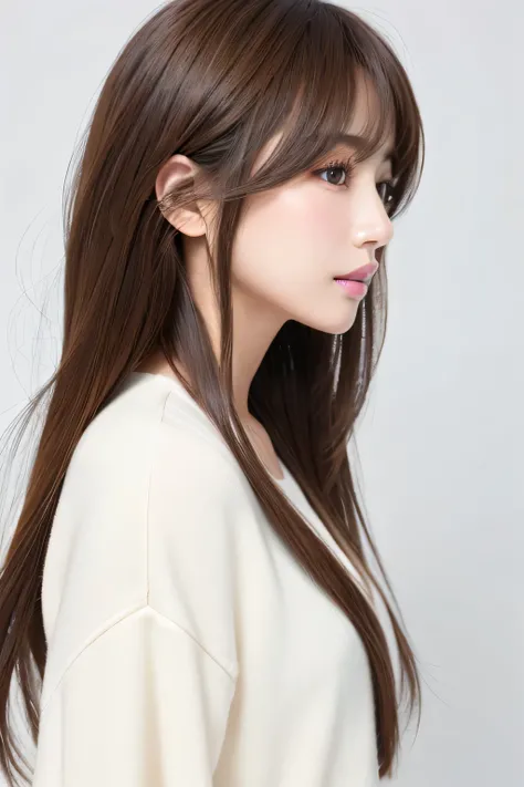 (  best quality 、 table top naked underneath the jacket、8k、 Max image 、 Award-winning works )、(( profile:1.4))、、(( long hair:1.46)),( brown hair)、(white casual clothes :1.2)、( simple pure white background :1.3)、(Perfectly fixed in front:1.1),( Portrait wit...