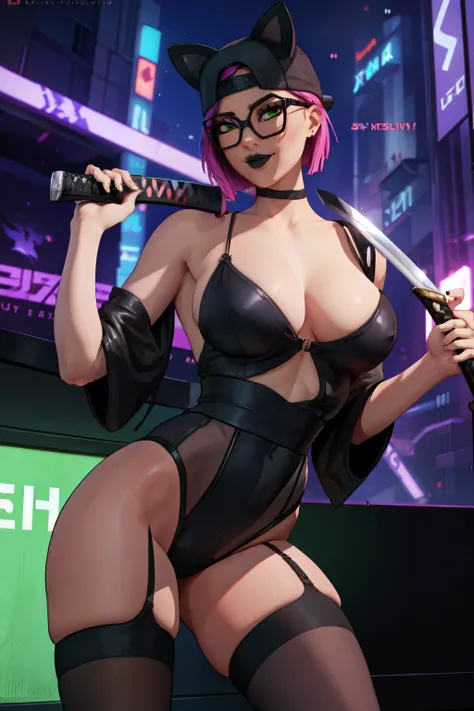 1 girl, black lips, choker, (masterpiece) Night (Cyberpunk Night) (best quality) gaming ,(alone), looking at viewer, high detailed, extremely detailed, fine green eyes, dynamic pose, mischievous smile , short pink hair, cap,holding a katana,katana in his h...