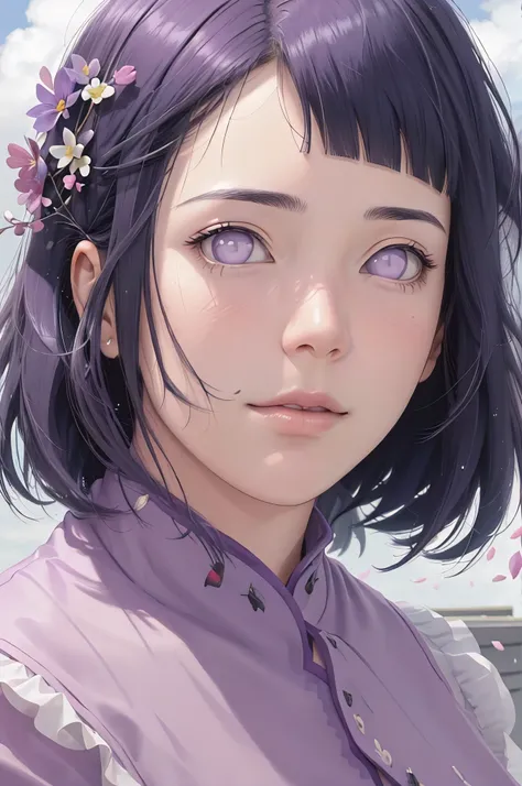 masterpiece, hinata(boruto), 1girl, solo, mature female, purple dress, modest outfit,  outdoors, lavender flower field, looking at viewer, (falling petals), cloudy sky, perfect composition, detailed lips, big breast, beautiful face, body propotion, blush, ...