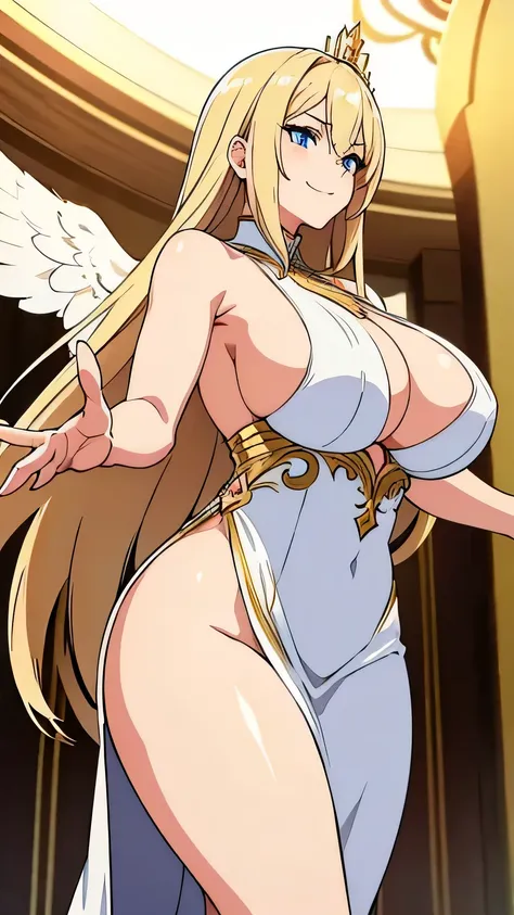  blond woman in a white dress with gold details,  looking like a goddess with a seductive look , big boobs and a slight evil smile, standing,  LOOKING TO THE RIGHT , while flying in the air  