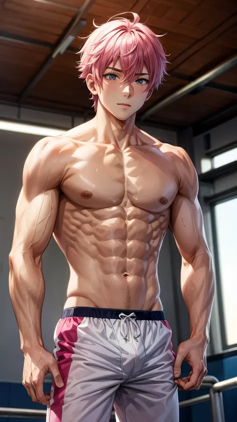 Anime boy swimmer shirtless Muscular With pink hair in gym
Trening