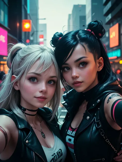 masterpiece, best quality, 2 ((smiling)) cyberpunk girls standing together taking selfie portrait, Harajuku-inspired cyberpunk clothing, bold colors and patterns, eye-catching accessories, trendy and innovative hairstyle, dazzling Cyberpunk cityscape, skys...