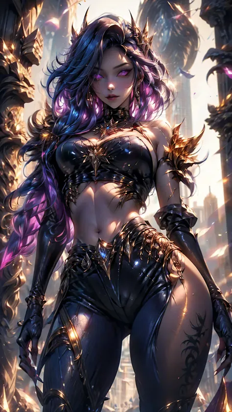 (masterpiece, best quality),1girl with long purple-black hair standing on the edge of a sky scraper, swedish face with sharp features, warm lighting,  glowing purple eyes, (golden-tan skin: high priority),detailed-beautiful eyes,gothic fantasy armour