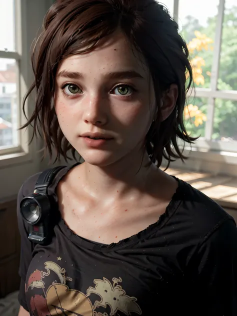 A stunning and intricate full color Ultra-HD portrait, a girl, short brown hair, green eyes, detailed face, white t-shirt, in a bedroom, epic character composition, alessio albi, nina masic, sharp focus, natural lighting. , subsurface dispersion, f2, 35mm,