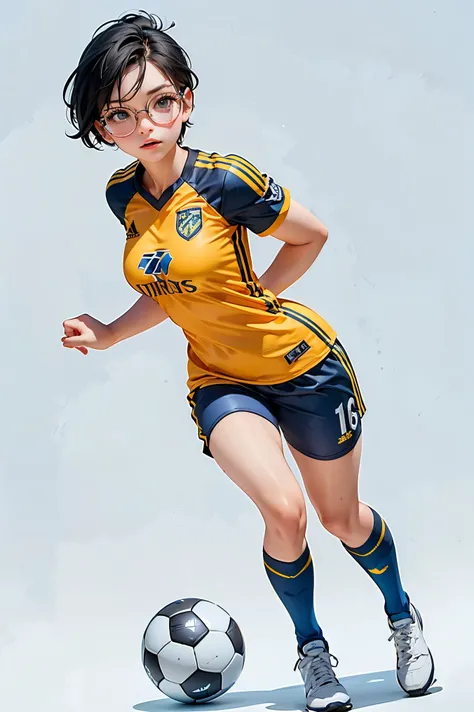  high definition, HD, Alone, 1 girl, ( 20 years old ),  short black hair,  round glasses,  Big breasts ,  perfect body,  perfect legs ,  thick thighs ,  wearing tight soccer team jersey, short tight running shorts , white sneakers,  plain background, blue ...