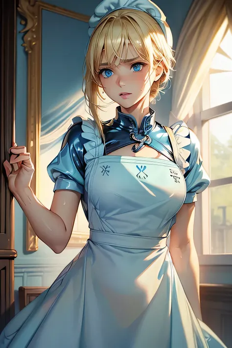  perfect anatomy 　 best quality, highest resolution,(((latex light blue apron dress　Blonde　 blue eyes　sweat)))　 Alice in Wonderland　