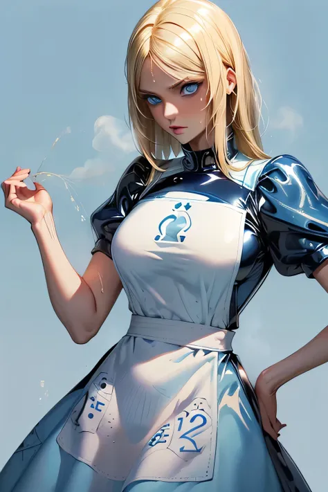  perfect anatomy 　 best quality, highest resolution,(((latex light blue apron dress　Blonde　 blue eyes　sweat)))　 Alice in Wonderland　