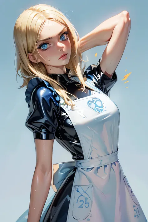 perfect anatomy best quality, highest resolution,(((latex light blue apron dress Blonde blue eyes sweat))) Alice in Wonderland s