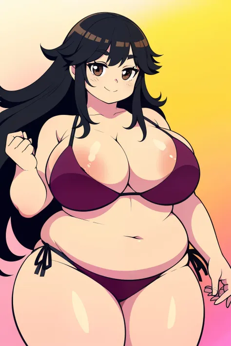 Chubby girl with big breasts black hair brown eyes happy long messy hair smiling bikini