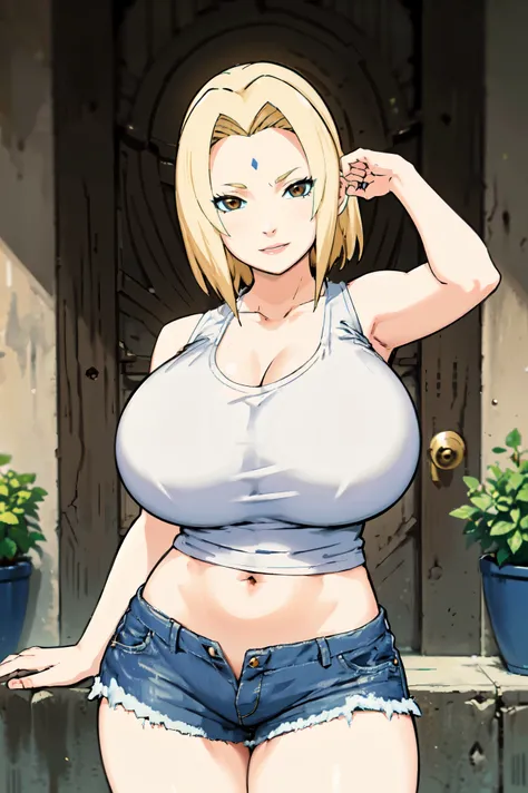 blonde hair, (((huge tits )))  , (((white tank top))), ((short pants jeans, )), thick, ((busty)), brown eyes, navel, upperbody, smile, legs, thigh, flower garden