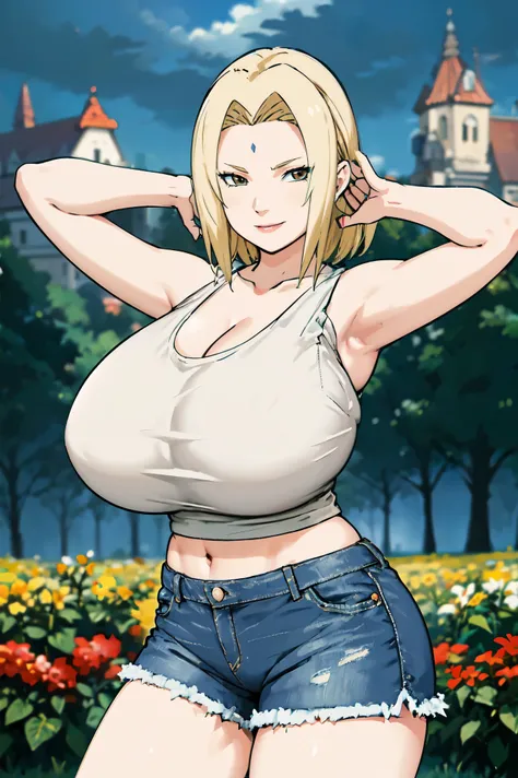 blonde hair, (((huge tits )))  , (((white tank top))), ((short pants jeans, )), thick, ((busty)), brown eyes, navel, upperbody, smile, legs, thigh, flower garden