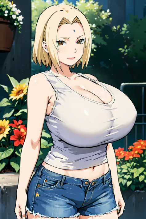 blonde hair, (((huge tits )))  , (((white tank top))), ((short pants jeans, )), thick, ((busty)), brown eyes, navel, upperbody, smile, legs, thigh, flower garden