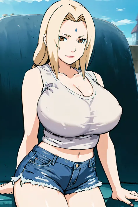 blonde hair, (((big tits ))) nipples  , (((white tank top))), ((short pants jeans, )), thick, ((busty)), brown eyes, navel, upperbody, smile, legs, thigh, flower garden, long hair