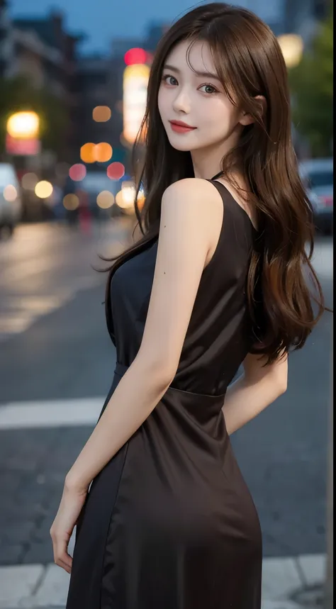 (( best quality, 8k, masterpiece :1.3)),  1 girl, smile, whole body, Slim face,  pretty woman , (  lots of dark brown hair),  long dress  :1.1,  super detailed face,  detail eyes,  double eyelids,  blurry background, Slim face, city, outside, street, (( be...