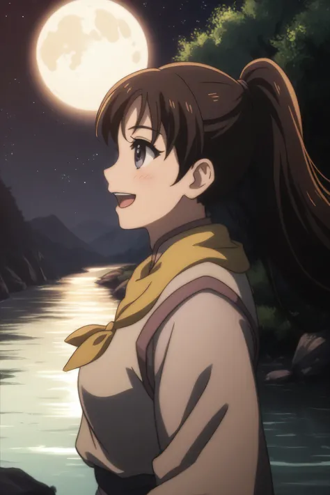 score_9,  score_8_up, score_7_up, gsfghtr, multicolored robe, neckerchief,
cinematic Lighting, 1girl,solo,blush,smile, open mouth,Valley with Flowing River, moon, shooting stars, from side