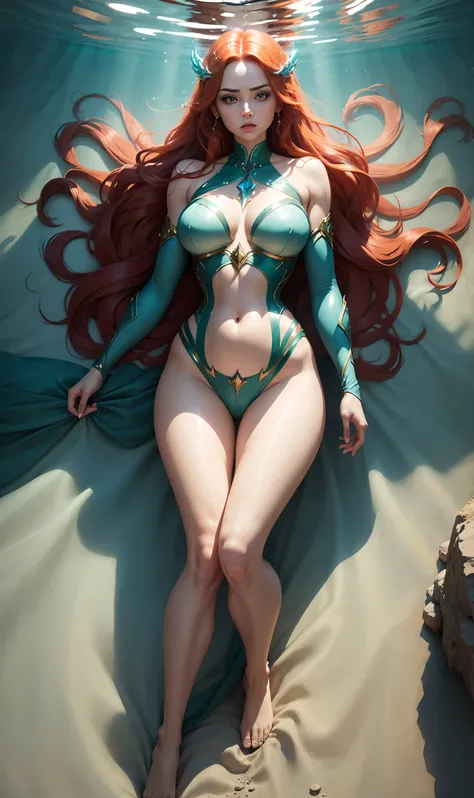 Beautiful Women，   The body is defined in detail using the interpretation of the character Mera from the heroine Aquaman， long red hair ,    tight light blue corset   ， showing the belly, seroppression  ，C cup，   drenched all over her body   ，  Particularl...