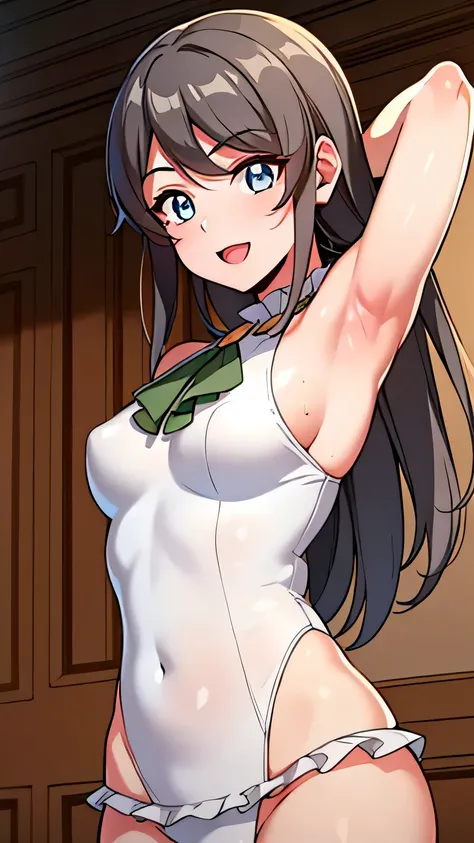 quality, masterpiece, highly detailed, 8k, masterpiece, tilly wimbledon, (((Swimsuit))), sleeveless, 1girl, smile, open mouth, blush, detailed face, detailed eyes, medium breast, blue eyes, beach, ((armpit)),  sweaty armpit, 