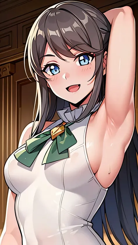 quality, masterpiece, highly detailed, 8k, masterpiece, tilly wimbledon, (((Swimsuit))), sleeveless, 1girl, smile, open mouth, blush, detailed face, detailed eyes, medium breast, blue eyes, beach, ((armpit)),  sweaty armpit, 