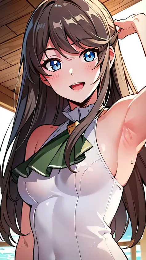 quality, masterpiece, highly detailed, 8k, masterpiece, tilly wimbledon, (((Swimsuit))), sleeveless, 1girl, smile, open mouth, blush, detailed face, detailed eyes, medium breast, blue eyes, beach, ((armpit)),  sweaty armpit, 