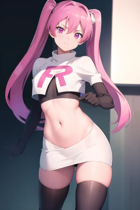 agkmine, mine, long hair, twintails, pink hair, (pink eyes:1.3),
BREAK team rocket,team rocket uniform,white skirt,red letter R,crop top,black thigh-highs,black elbow gloves,
BREAK looking at viewer, cowboy shot,
BREAK (masterpiece:1.2), best quality, high...