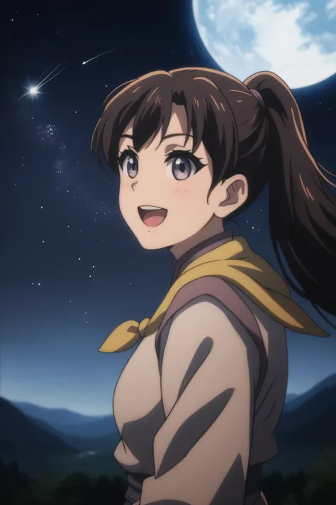 score_9,  score_8_up, score_7_up, gsfghtr, multicolored robe, neckerchief,
cinematic Lighting, 1girl,solo,blush,smile, open mouth,Valley with Flowing River, moon, shooting stars, from side