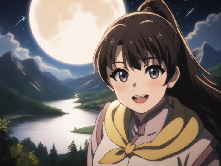 score_9,  score_8_up, score_7_up, gsfghtr, multicolored robe, neckerchief,
cinematic Lighting, 1girl,solo,looking at viewer,blush,smile, open mouth,Valley with Flowing River, moon, shooting stars