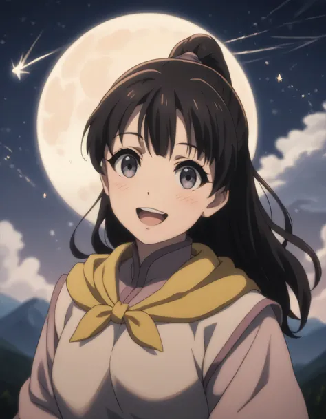 score_9, score_8_up, score_7_up, gsfghtr, multicolored robe, neckerchief, black hair, ribbon on hair, cinematic Lighting, 1girl,solo,looking at viewer,blush,smile, open mouth, top of mountain, moon, shooting stars