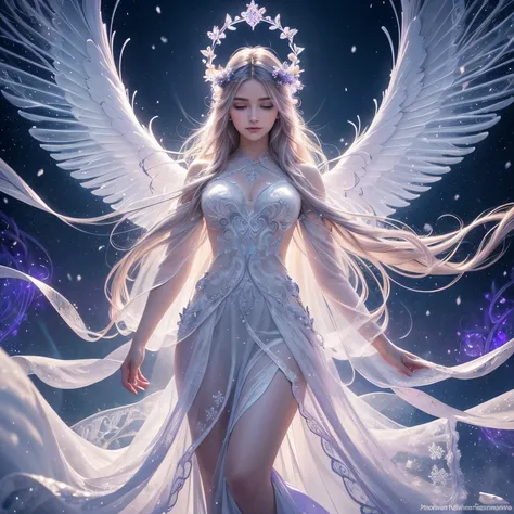 1 angel, age 30, (violet angel wings), long braided blonde hair with violet accent, small wings in hair, (translucent glowing halo on head), (best quality, 4k, 8k, hires, masterpiece:1.2), ultra-detailed, (realistic, photorealistic, photo-realistic:1.37), ...