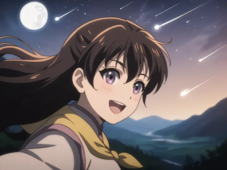 score_9,  score_8_up, score_7_up, gsfghtr, multicolored robe, neckerchief,
cinematic Lighting, 1girl,solo,blush,smile, open mouth,Valley with Flowing River, moon, shooting stars, from side