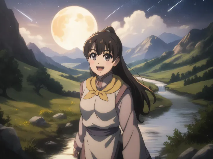 score_9,  score_8_up, score_7_up, gsfghtr, multicolored robe, neckerchief,
cinematic Lighting, 1girl,solo,looking at viewer,blush,smile, open mouth,Valley with Flowing River, moon, shooting stars