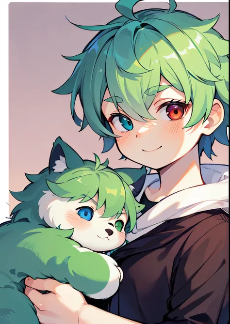 (   high quality , Breathtaking),(  富有表情的Eye  ,   perfect face)   1 boy   , male, Unique , Toddler age   , juvenile，  Green Hair  , Heterochromia，绿色Eye  ， Eye ,   furry pointy hair  , curls, Lovely smile,   cute faces,   naive face    ,  对称的Eye  , portrait...